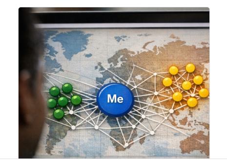 A central Me circle connected to green and yellow circles over a world map.