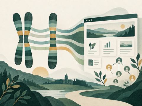 Illustrated chromosome segments flow into a website layout with content cards and connected profile symbols.
