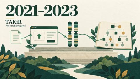 Illustration labeled 2021–2023 connecting a genotype-file upload, chromosome symbols, and an inferred family tree on an open page.