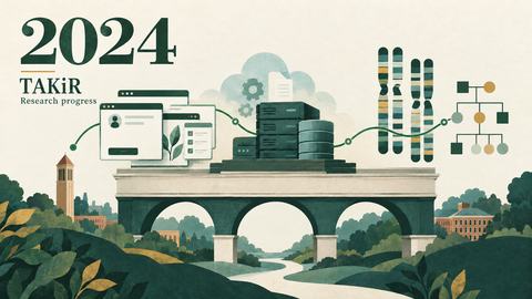 Illustration labeled 2024 showing website panels, data infrastructure, chromosomes, and a family diagram connected across a shared foundation.