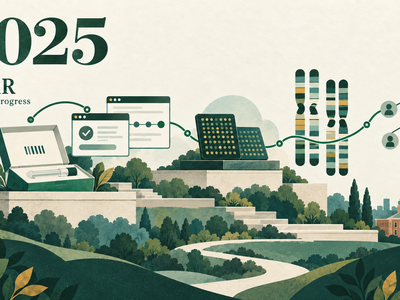 Illustration labeled 2025 connecting a DNA collection kit, consent and progress screens, laboratory array tiles, chromosomes, and a family network.