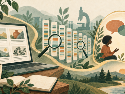 Conceptual illustration connecting a digital research journal, genetic marker strips under magnifying glasses, and two people in conversation.