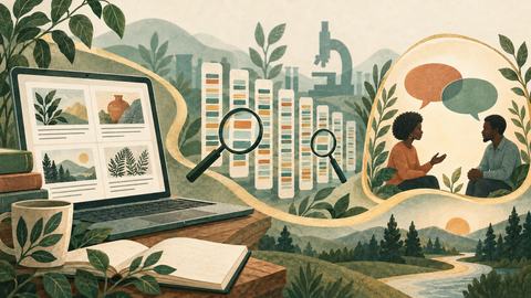 Conceptual illustration connecting a digital research journal, genetic marker strips under magnifying glasses, and two people in conversation.